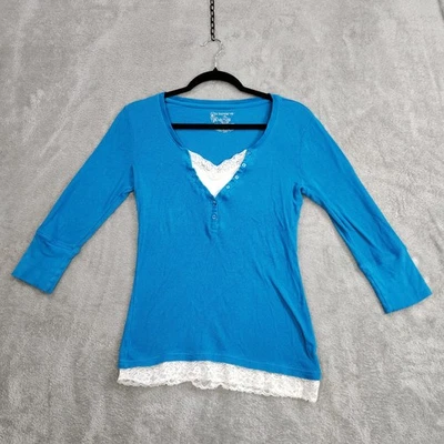Camisa Henley de Colección Y2K Para Mujer Manga 3/4 Acanalada Tejido Top Grande Borde de Encaje Foto 1 de 4