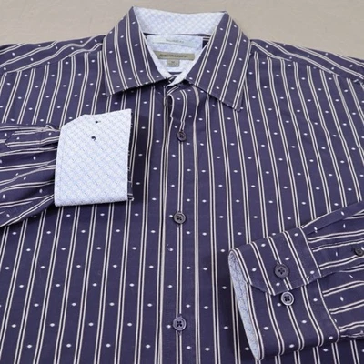 Camisa Johnston Murphy Botón Para Hombres Mediana Punto Azul Ajuste A Medida Puño Abatible Rayas Foto 1 de 4