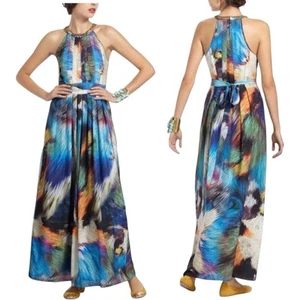 Anthropologie RANNA GILL TROPICALIA Blue Wedding Guest Gold Beaded Maxi DRESS 2 - Picture 1 of 7