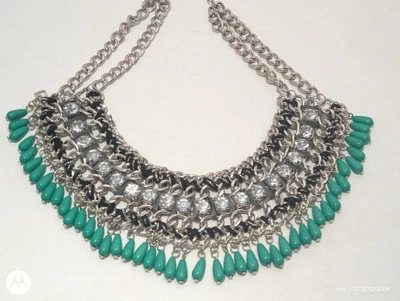 Collar Babero Turquesa Colgante Estrás Declaración Estilo Boho Cleopatra Plateado  Foto 1 de 4