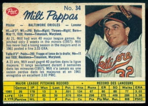 1962 POST BASEBALL MLB CANADIAN #34 MILT PAPPAS EX+ BALTIMORE ORIOLES card - Picture 1 of 2