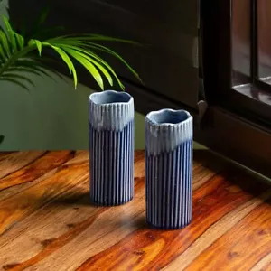 Sapphire Swirl Hand Glazed Studio Ceramic Flower Vase for Living Room Set Of 2 - Picture 1 of 5