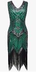Women Dress SZ X-Large Green V Neck Beaded Fringed 1920s Great Gatsby Party