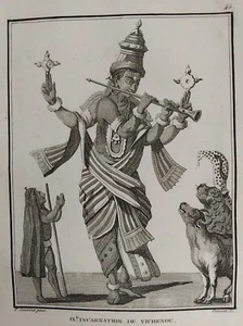 INDE INCARNATION VICHENOU VISHNU QUICHENA GRAVURE 1782 SONNERAT S07 ESOTERISME - Picture 1 of 2