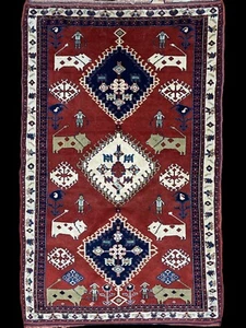 Museumsstück Vintage Tier Mann bildlich pflanzlich gefärbt Kurdi Vorleger Wolle 4x6 - Bild 1 von 12