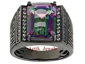Naturale Topazio Mistico & Cz con Nera Placcato Rodio Argento Ring per Uomo #860 - Foto 1 di 11