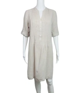 J Mclaughlin RIVIERA Linen Dress Women Wheat Pintuck Roll Tab Sleeve Size M - Picture 1 of 8