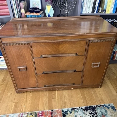 Vintage Antique Wood Art Deco Living Dining Room Break Front Cabinet Sideboard - Image 1 of 4