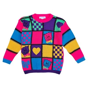 Vintage Girls Cats Retro Bright Color Acrylic Knit Sweater Oversized M/L - Picture 1 of 5