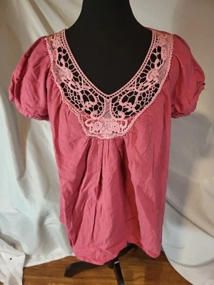 Top boho Tryst mezcla de lino rosa crochet talla L Foto 1 de 4