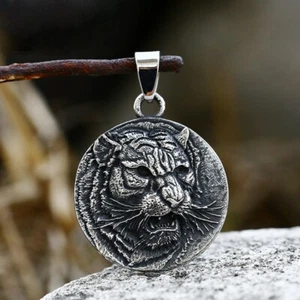 Powerful Fierce Tiger Round Tag Pendant Stainless Steel Men Women Necklace Gift - Picture 1 of 4