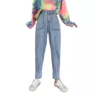 Womens Denim Pants High Waisted and Baggy with Straight Leg Fit Nine Point Lengt - Picture 1 of 15