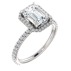 1.72 Ct. Emerald Cut Halo & Hidden Halo Diamond Engagement Ring E VS2 GIA 14K - Picture 1 of 9