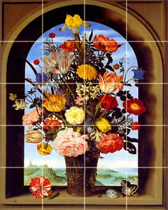 16 x 20 Art Vase Flowers Window Niche Mural Tumbled Marble Backsplash Tile #264 - Picture 1 of 1