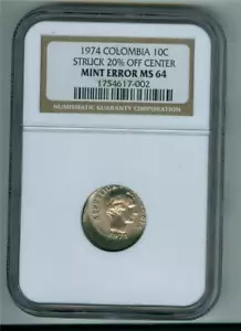 ERROR COLOMBIA 1874 10C STRUCK 20% OFF CENTER MINT ERROR NGC MS-64 CHOICE BU - Picture 1 of 2