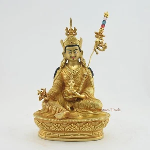 Hand Carved Gold Gilded Face Painted 9" Guru Rinpoche Copper Statue Patan, Nepal - Picture 1 of 4