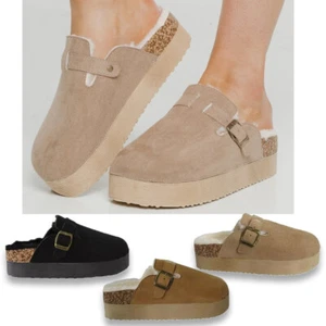 Womens Ladies Faux Suede Fur Lined Mule Slippers Cork Platform Wedge Clogs Size - Picture 1 of 19