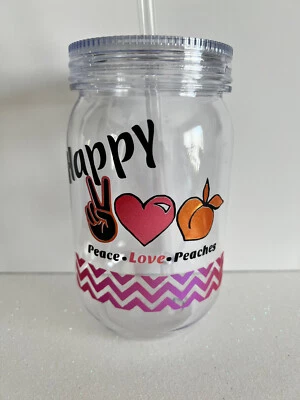 Happy Peace Love Peaches Design Mason Jar 24oz Acrylic Custom Tumbler Cup - Image 1 of 3