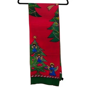 Hand Painted Silk Christmas Scarf Tree Angels Red Green Made in USA - Picture 1 of 5