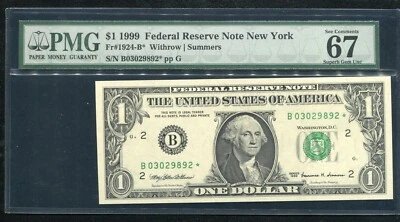 FR 1924-B* 1999 $1 ONE DOLLAR *STAR* FRN NEW YORK, NY PMG GEM UNCIRCULATED-67EPQ - Image 1 of 2