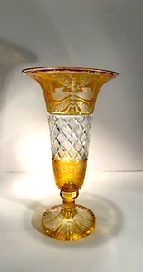 VASE geschliffenes Glas Kristall BÖHMEN Antik Bernstein Vögel - Bild 1 von 6