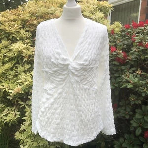 T-shirt donna Next UK 20 bianca maniche lunghe popcorn top scollo a V dettaglio nodo - Foto 1 di 12