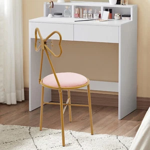Makeup Vanity Girl Chair Stool With Bow Knot Backrest Soft Cushion For Bedroom - Picture 1 of 23