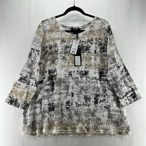 FDG Sweater Womens 2XL Sketchy Print Top Open Knit 3/4 Sleeve Cotton Blend Gray - Picture 1 of 12