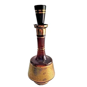 Vtg MCM Amber Glass Decanter Bohemian Crystal Gold Etched Stopper 13" - Picture 1 of 13