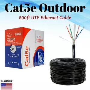 500ft Cat5e Cat5 Outdoor Ethernet Cable UV Rated UTP Solid Direct Burial Black - Picture 1 of 5