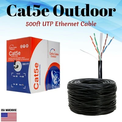 500ft Cat5e Cat5 Outdoor Ethernet Cable UV Rated UTP Solid Direct Burial Black - Image 1 of 4