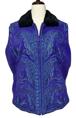Bob Mackie Vest 1X Purple Embroidered Fleece Faux Fur Collar Zip Wearable Art - Image 1 of 4