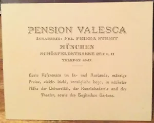 Tarjeta publicitaria PENSIÓN VALENCA Hotel Munich Múnich aprox 1930 B&B Frieda Streit - Imagen 1 de 2