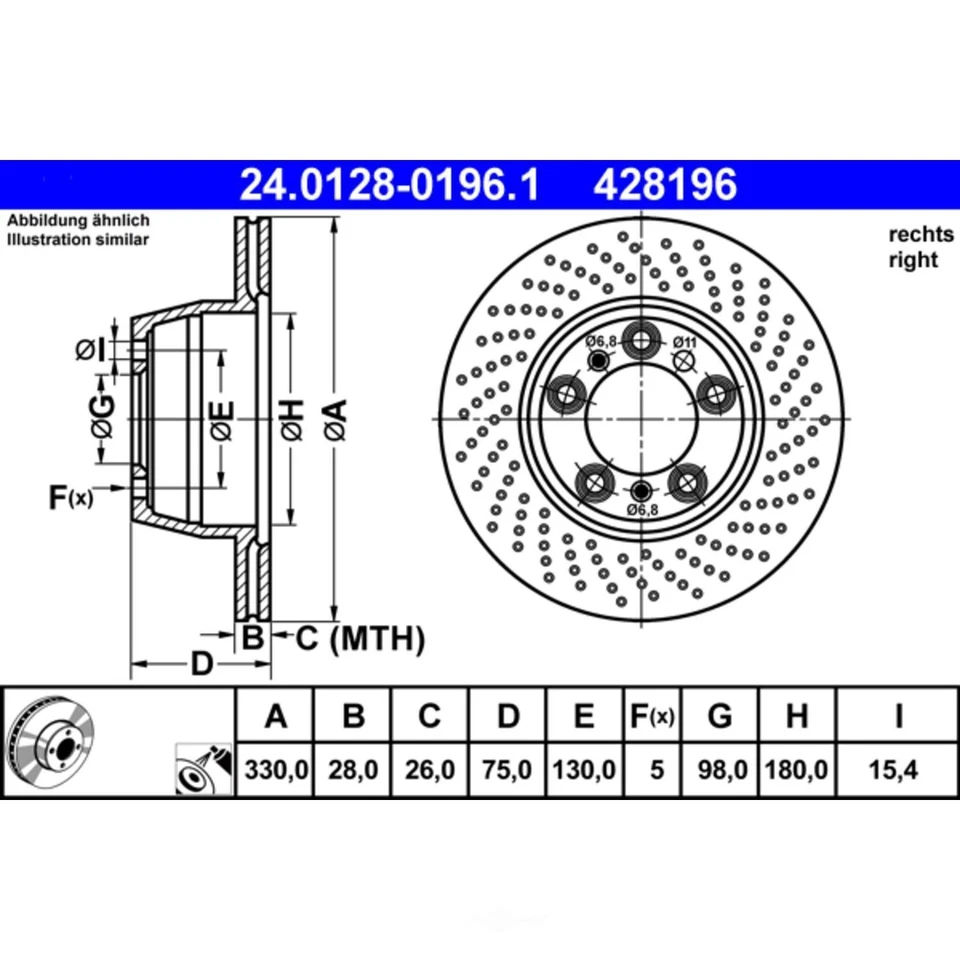 Rotor de freno de disco - Rotor original ATE 428196 se adapta a 01-22 Porsche 911 Foto 1 de 1