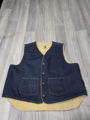 Chaleco De Colección Años 80 Carhartt 8SV Azul Denim Sherpa Forrado Botón a Presión EE. UU. Sin Logo XL Foto 1 de 4