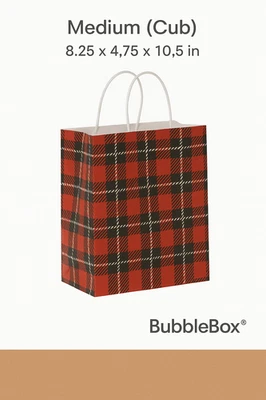 Bolsas de compras de papel a cuadros rojas navideñas medianas (cachorro) 8x4,75x10,5 10-400 piezas Foto 1 de 4