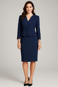 Maggie London Jacket Dress Womens 4 P Navy Beaded Formal Dress Cocktail Wedding - Picture 1 of 19
