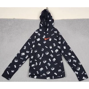 NIKE Hoodie Kids Large Black All Over Print AOP Spellout Fleece Kangaroo Pocket - Picture 1 of 17