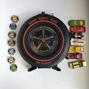 Vtg 1967 Hot Wheels Rally Case Hot Wheels Diecast Lot Of 7 Cars & 7 Tin Tabs