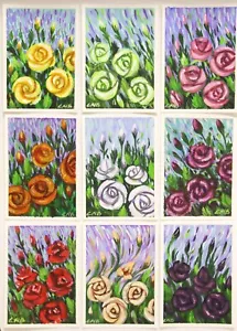 Set of 9 ACEO Original Acrylic Painting 2.5"x3.5" Collectible Cards Flowers - Picture 1 of 11