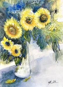 Sunflower Black spider Original Watercolour, Yellow flowers, Gift Mother A4 - Picture 1 of 8