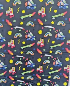 FABRIC REMNANT Cotton Sateen Black 200cm x 156cm Craft Sewing DIY Skate Rainbows - Picture 1 of 2