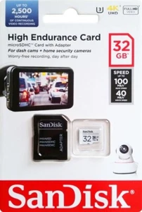 Sandisk 32GB Hohe Ausdauer Überwachung MICROSD SDHC 100MB/S , Mit Adapter-Uk - Afbeelding 1 van 12