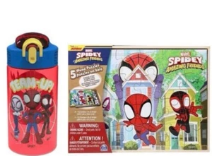 New 2pc Spidey & His Amazing Friends 5 Wood Puzzles, Storage Box, Water Bottle - Picture 1 of 2