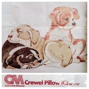 Vintage Columbia-Minerva Crewel Pillow Kit "Three Puppies" #7823 16" x 16" - Picture 1 of 16
