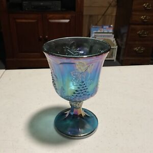 Indiana Glass Blue Carnival Iridescent Harvest Grape Wine Glass Goblet Good