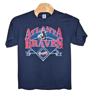 Vintage Atlanta Braves Baseball T Shirt Mens Large Logo 7 Navy Blue Tomahawk 90s - Picture 1 of 11