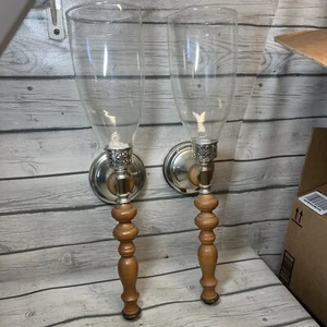 Pair Vtg MCM Wood Metal Candle Wall Sconces 9” Globes Retro Hurricane - Picture 1 of 15