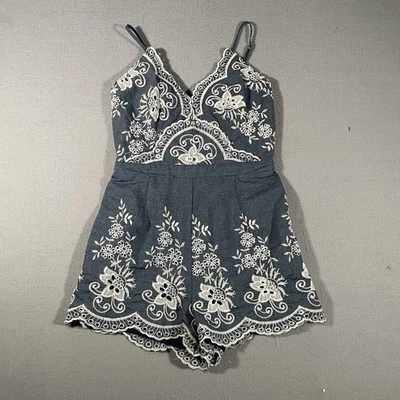 Simplee Romper Womens Medium Blue Chambray White Embroidered - Image 1 of 4