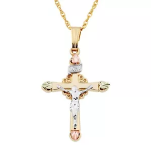 Black Hills Gold Crucifix Pendant, 10K Crucifix with 12K Green and Rose Leaves - Picture 1 of 1